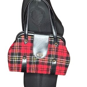 Vintage Womens Plaid Handbag Classic Frame Top Handle Bag Black Trim